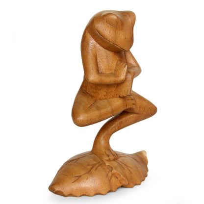 Yoga Tree Pose Frog Hand Carved Animal Theme Wood Sculpture