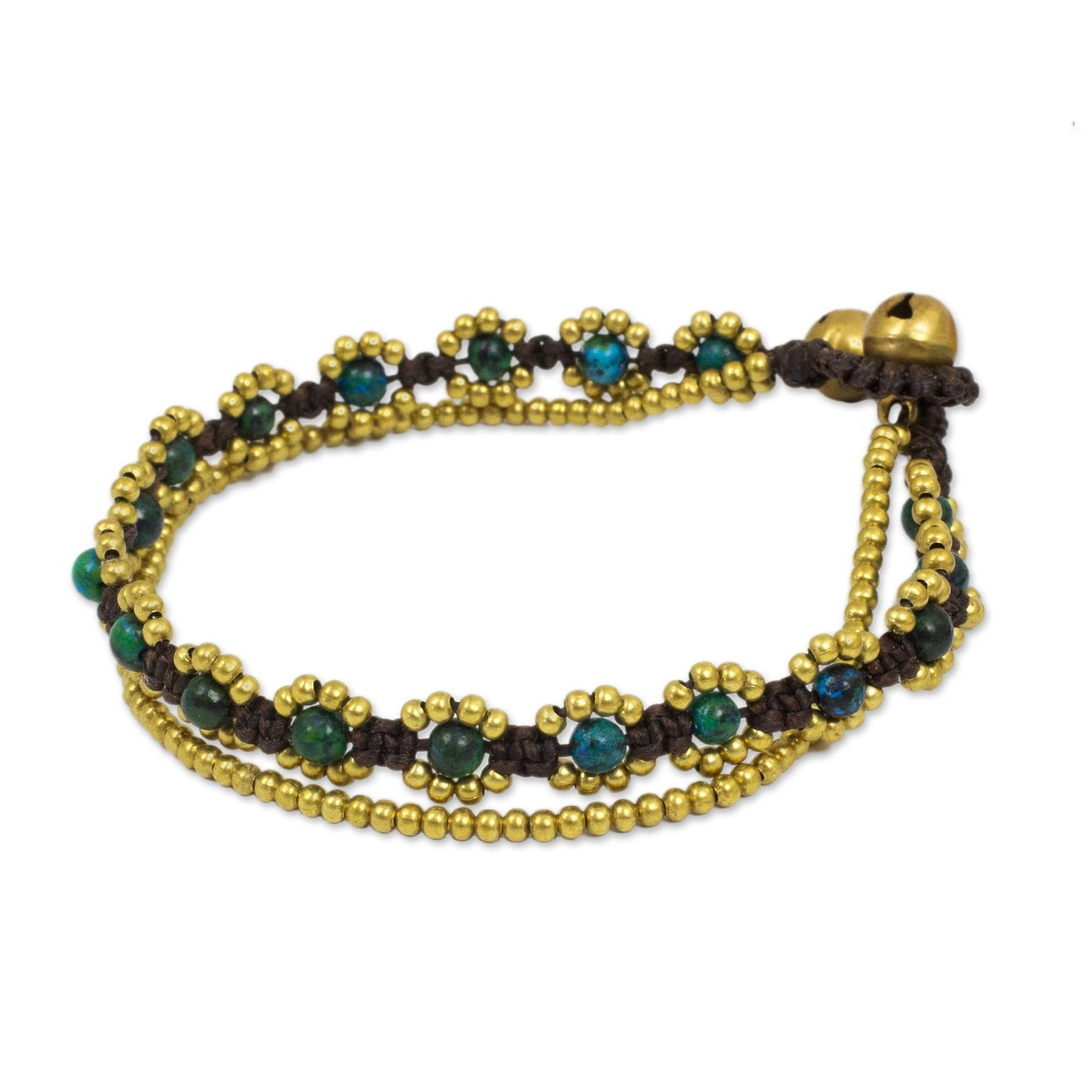 Serene Forest Hand Knotted Beaded Bracelet with Serpentine and Brass Bells