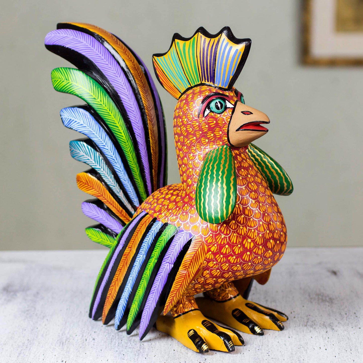 Proud Rooster Rooster Alebrije Sculpture from Mexico