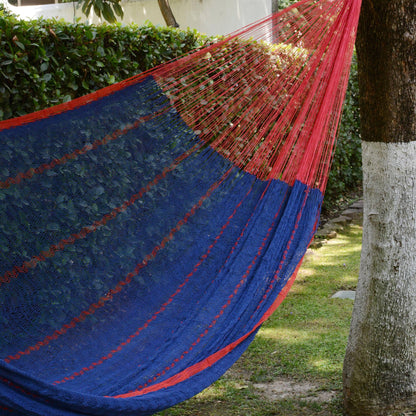 Puerto Vallarta Blue Cotton Maya Hammock with Red Trim from Mexico