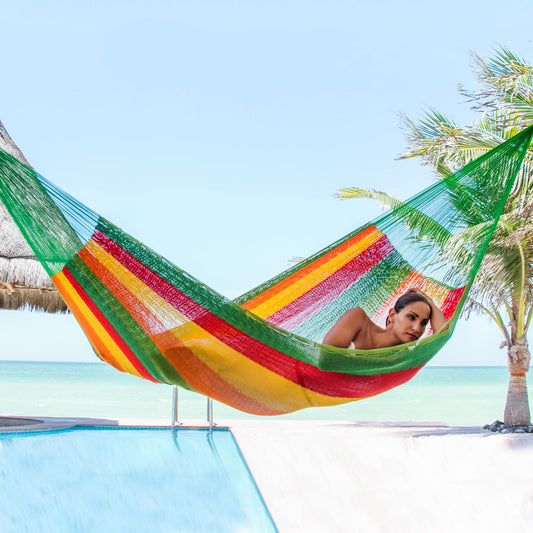 Colima Green and Yellow Cotton Maya Hammock with Red Trim