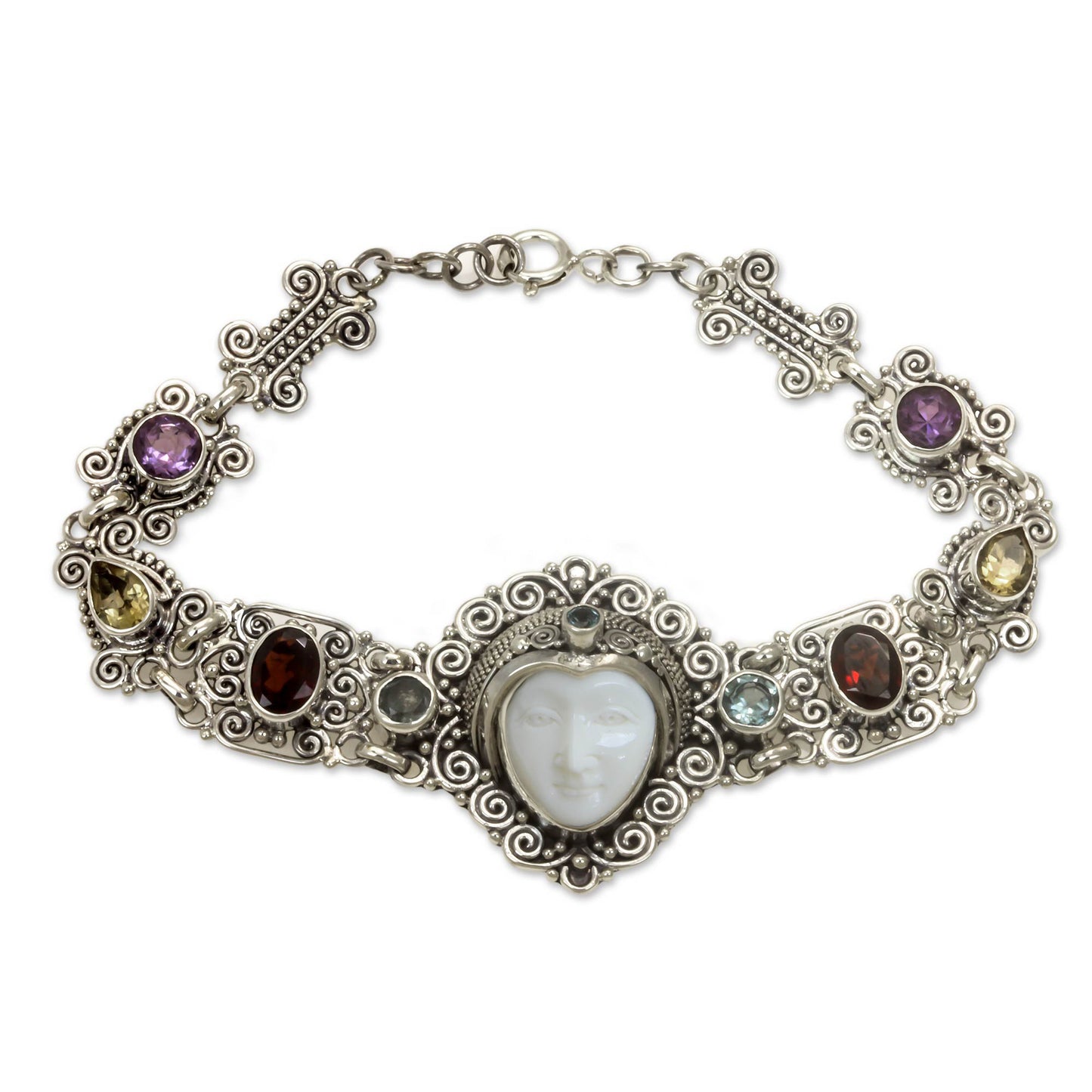 Noble Lady Multi-Gem Garnet Silver & Bone Link Bracelet