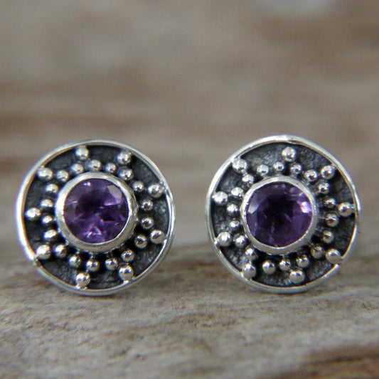 Winter Halo Amethyst and Sterling Silver Stud Earrings from Bali