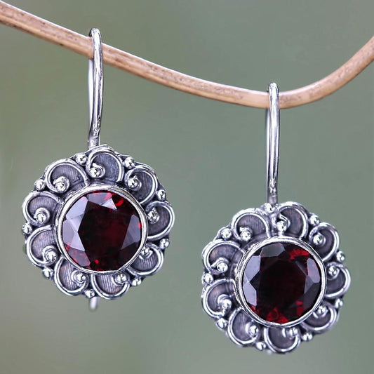 Singaraja Sunflower Silver Burgundy Flower Drop Earrings