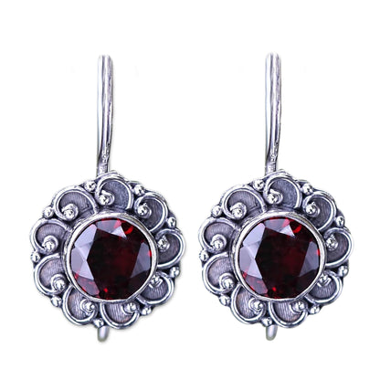 Singaraja Sunflower Silver Burgundy Flower Drop Earrings