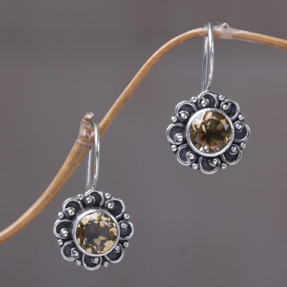 Singaraja Sunflower Sterling Silver and Citrine Sunflower Drop Earrings