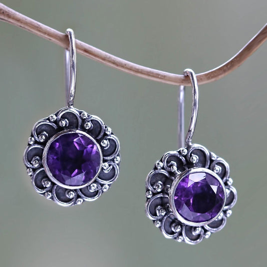 Singaraja Sunflower Purple Amethyst Sunflower Drop Earrings from Bali