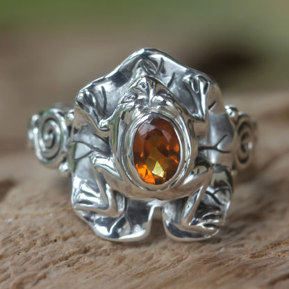 Golden Rainforest Frog Citrine and Silver Frog Cocktail Ring