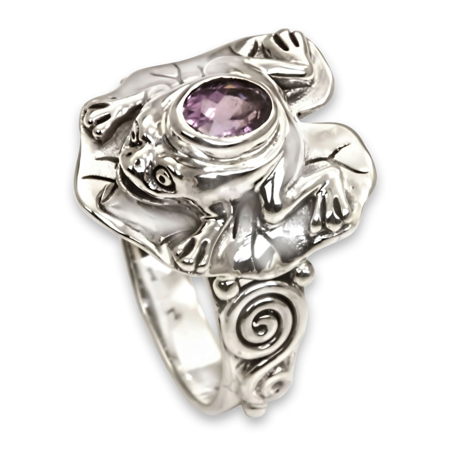 Lilac Rainforest Frog Amethyst and Silver Frog Cocktail Ring