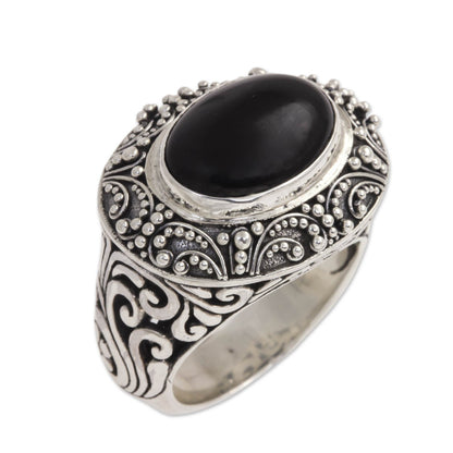 Midnight Intrigue Onyx Cabochon and Sterling Silver Cocktail Ring from Bali