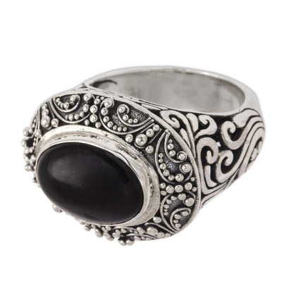 Midnight Intrigue Onyx Cabochon and Sterling Silver Cocktail Ring from Bali