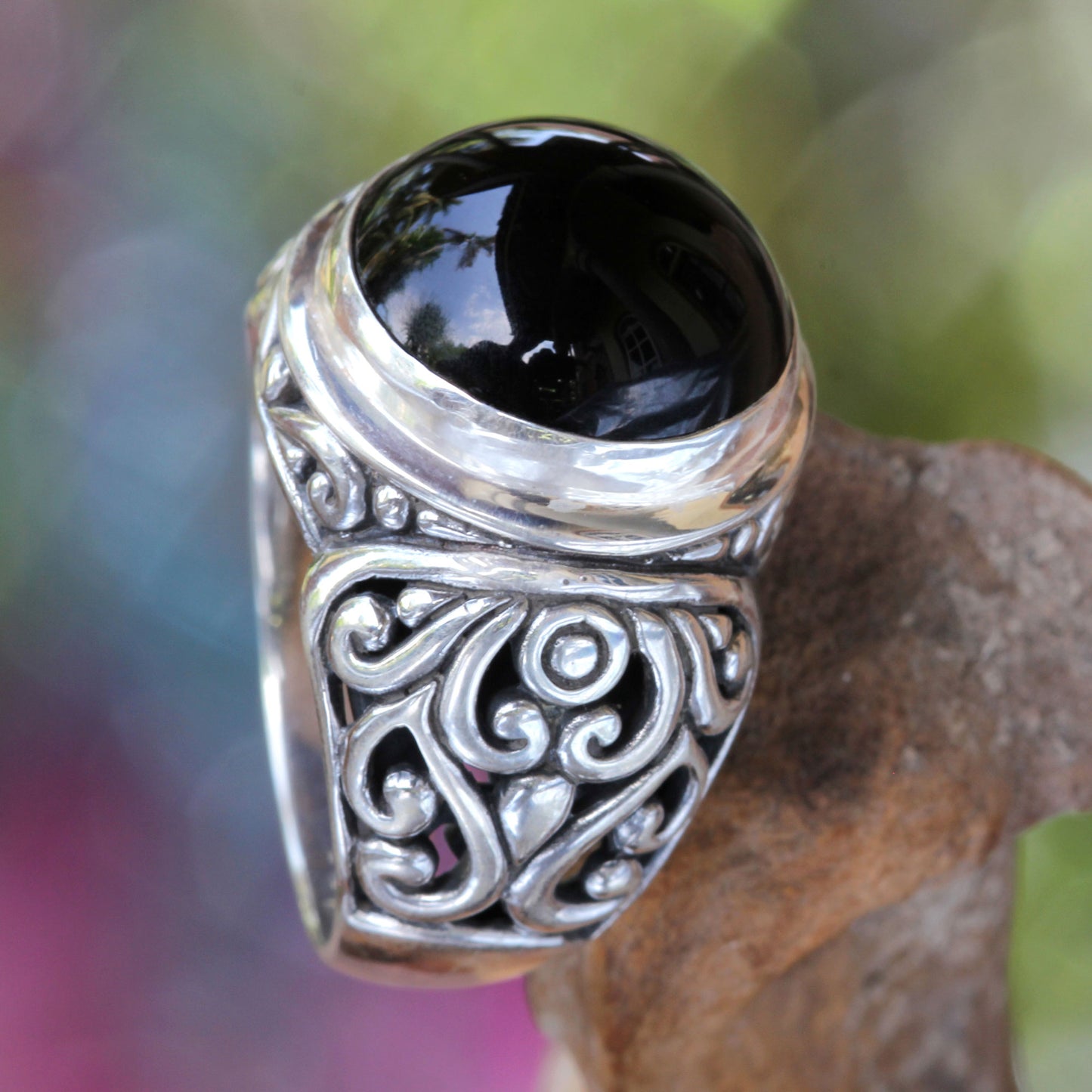 Perfect Eclipse Onyx and Sterling Silver Cocktail Ring from Bali