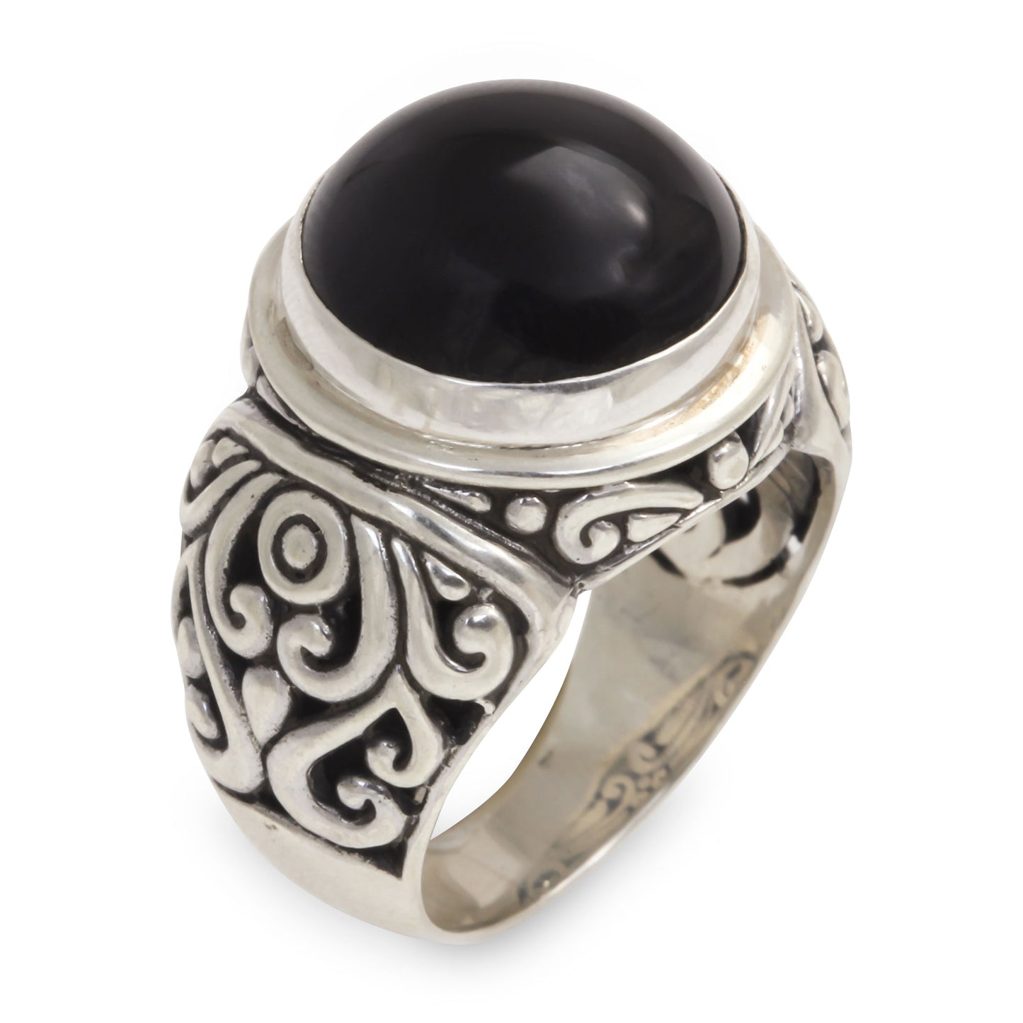 Perfect Eclipse Onyx and Sterling Silver Cocktail Ring from Bali