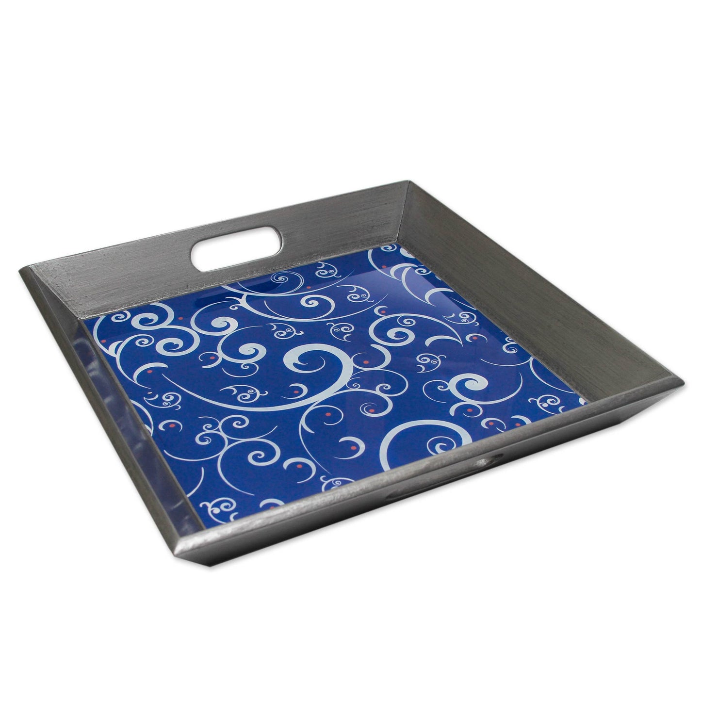 Scintillating Night Peruvian Hand Painted Glass Blue Silver Tray