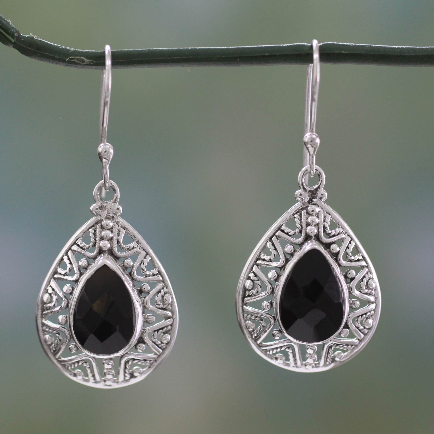 Timeless Ganges Fair Trade Onyx and Sterling Silver Hook Earrings