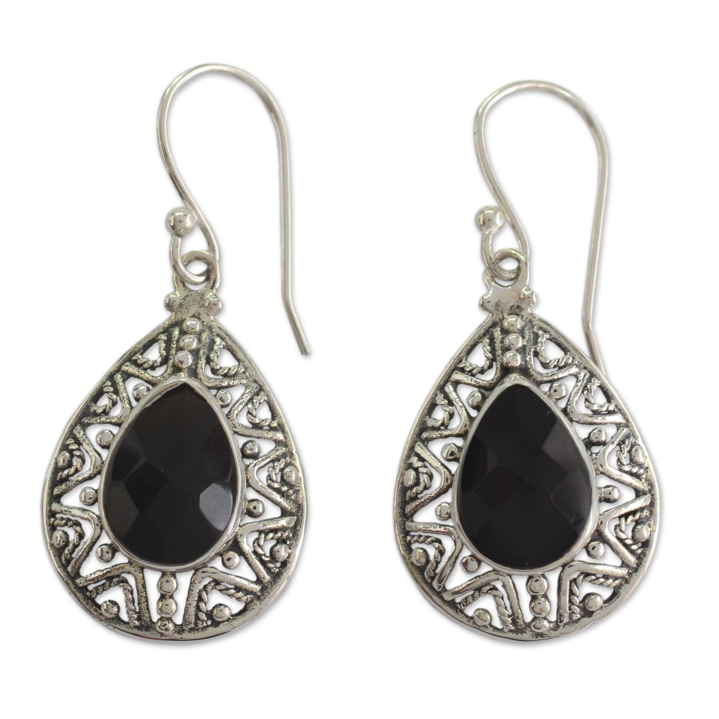 Timeless Ganges Fair Trade Onyx and Sterling Silver Hook Earrings