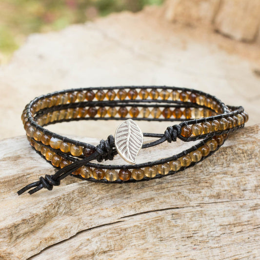 Hill Tribe Sun Handcrafted Thai Black Leather Bracelet with Golden Agate