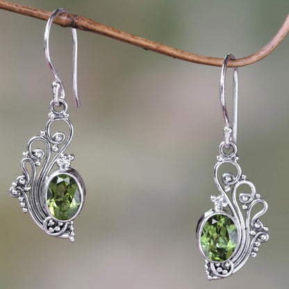 Green Peacock Feather Peridot Silver Dangle Earrings