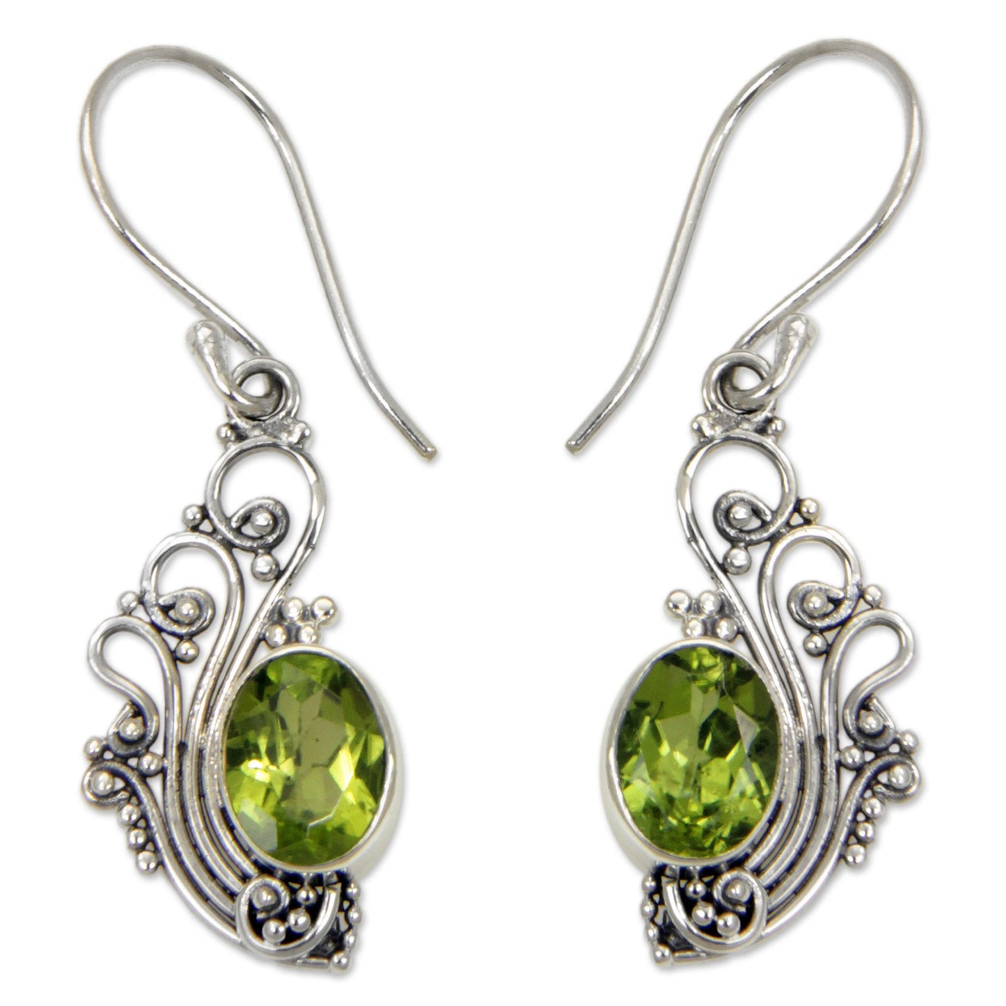 Green Peacock Feather Peridot Silver Dangle Earrings