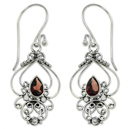 Crimson Arabesque Ornate Garnet and Sterling Silver Dangle Earrings