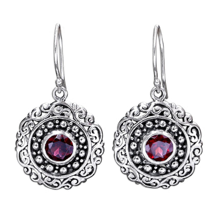 Solar Flares Round Sterling Silver and Garnet Dangle Earrings