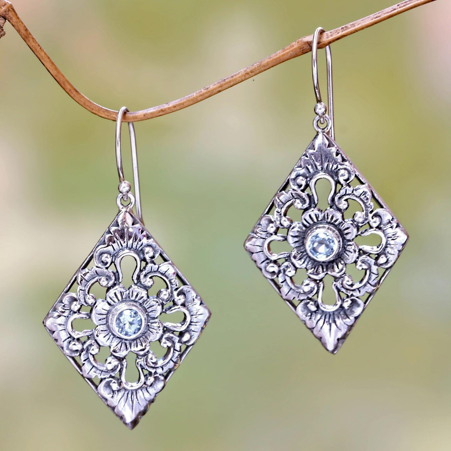 Blue Padma Sterling Silver and Blue Topaz Earrings with Floral Motif