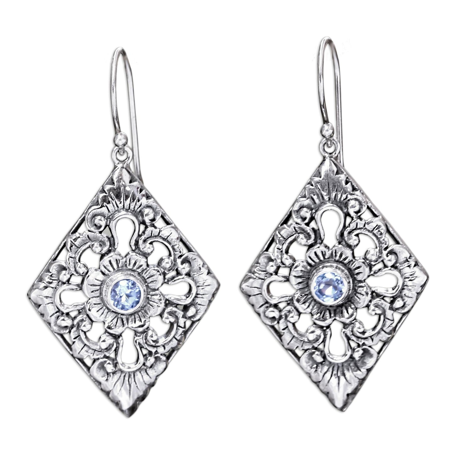 Blue Padma Sterling Silver and Blue Topaz Earrings with Floral Motif