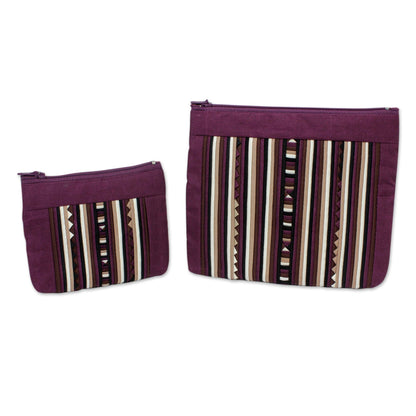 Exotic Lisu in Wine Maroon Cotton Blend Cosmetic Cases from Thailand (pair)