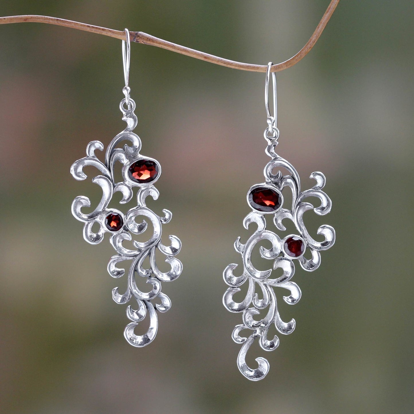 Trailing Vines Hand Crafted Garnet and Sterling Silver Dangle Earrings