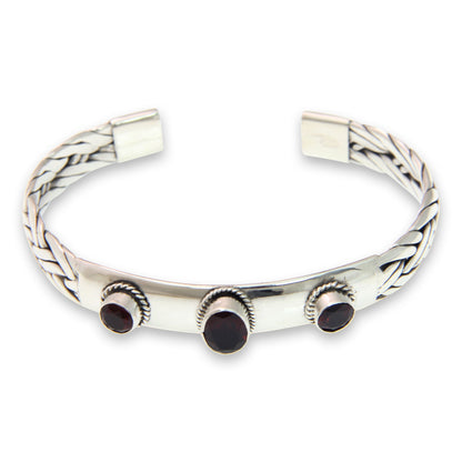 Three Guardians Braided Sterling Silver Cuff Bracelet with Three Garnets