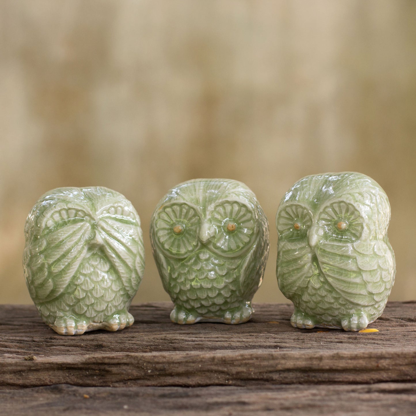 Green Owl Trio Fair Trade Green Celadon Ceramic Owl Statuettes (set of 3)