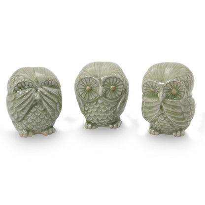 Green Owl Trio Fair Trade Green Celadon Ceramic Owl Statuettes (set of 3)