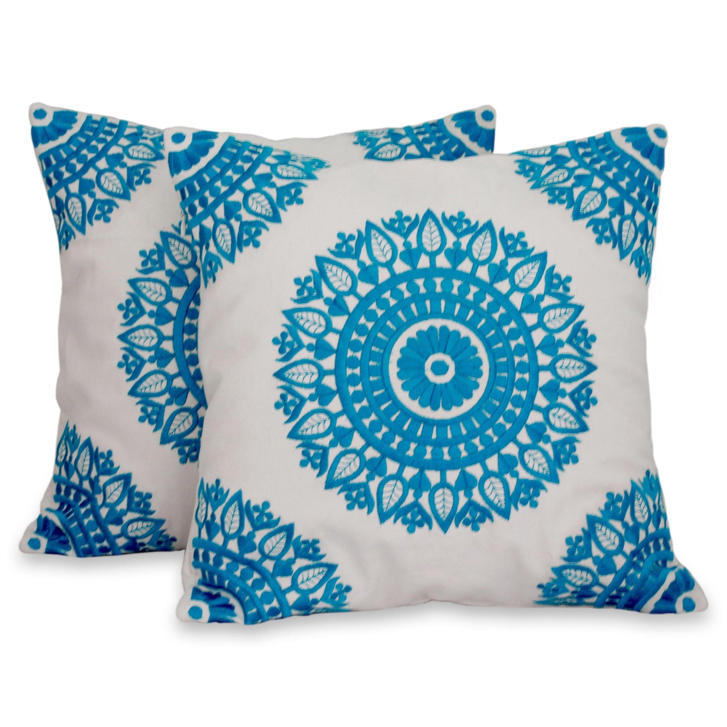 Cool Turquoise Mandalas Embroidered Blue on White Cushion Covers from India (Pair)