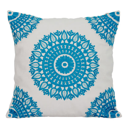 Cool Turquoise Mandalas Embroidered Blue on White Cushion Covers from India (Pair)