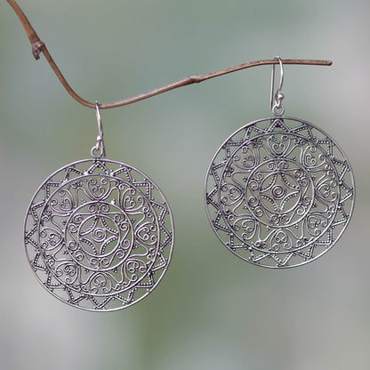 Sang Surya Round Sterling Silver Dangle Earrings from Bali