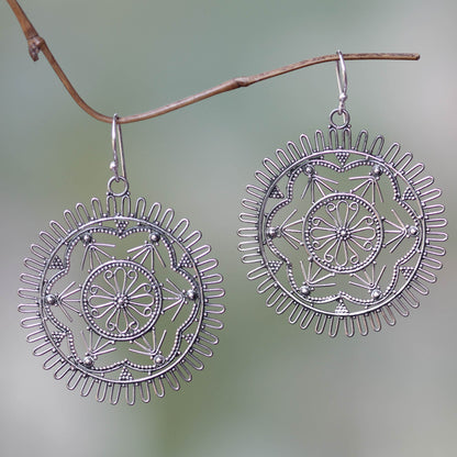 Purnama Round Sterling Silver Filigree Dangle Earrings from Bali