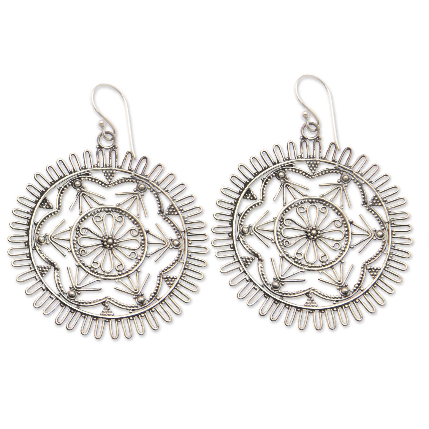 Purnama Round Sterling Silver Filigree Dangle Earrings from Bali