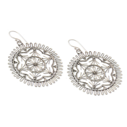 Purnama Round Sterling Silver Filigree Dangle Earrings from Bali