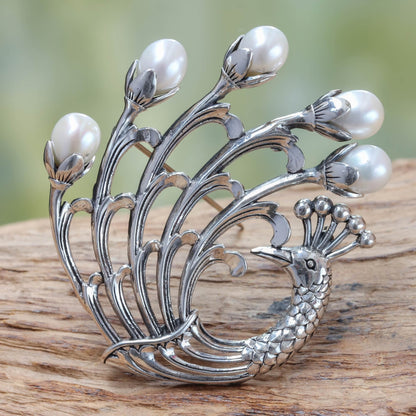 Pearl & Sterling Silver Peacock Brooch