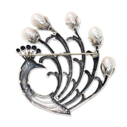 Pearl & Sterling Silver Peacock Brooch