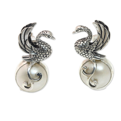 Moon Swan Swan Motif Cultured Pearl and Silver Drop Earrings