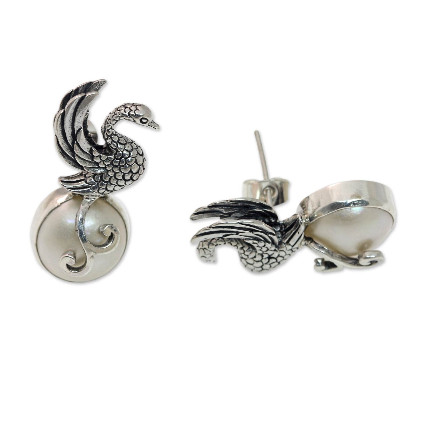 Moon Swan Swan Motif Cultured Pearl and Silver Drop Earrings