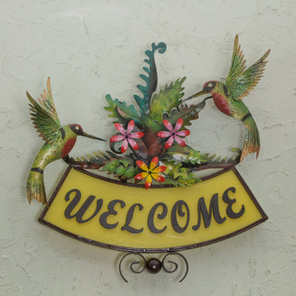 Happy Hummingbirds Iron Birds and Flowers on Hand Crafted Welcome Sign