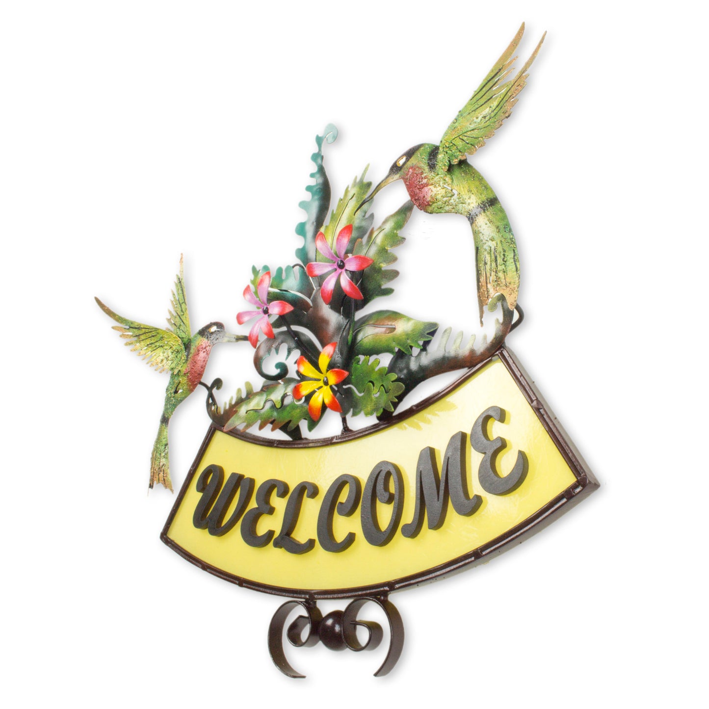 Happy Hummingbirds Iron Birds and Flowers on Hand Crafted Welcome Sign