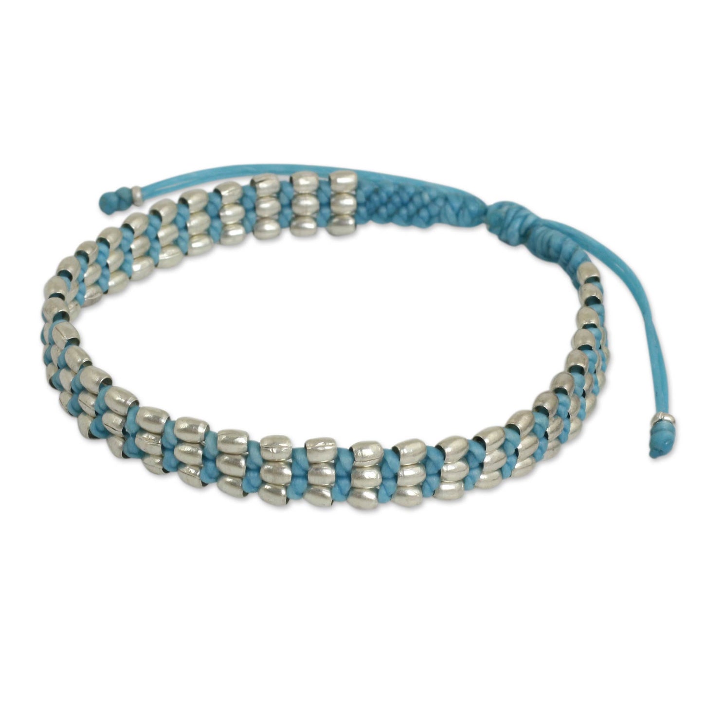 Friendly Blue Light Blue Macrame Adjustable Bracelet with 950 Silver Beads