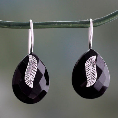 Midnight Flora Handmade Black Onyx and Sterling Silver Leaf Earrings