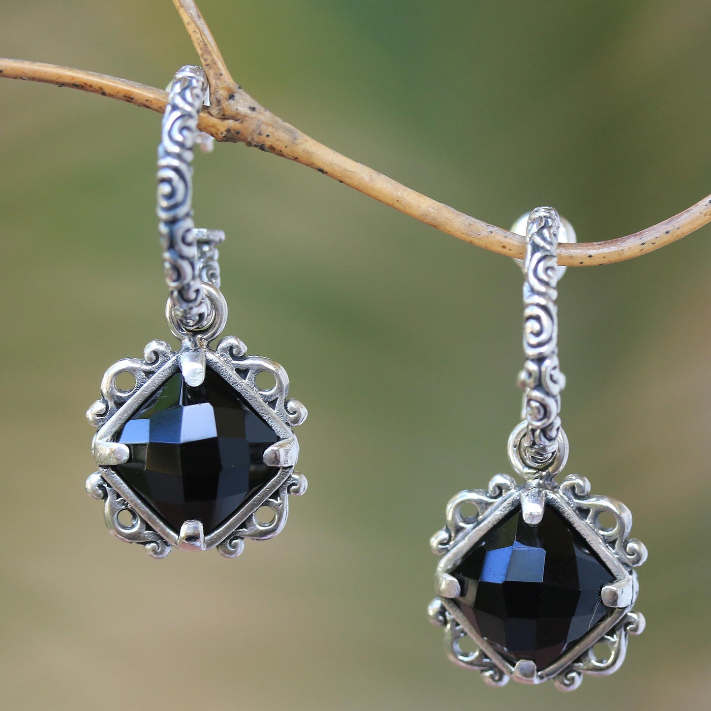 Sweet Enchantment Elegant Black Onyx and Silver Dangle Earrings from Bali