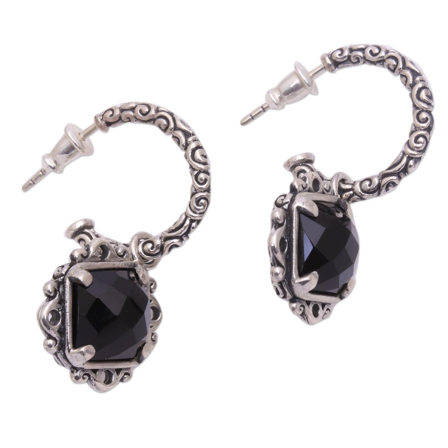 Sweet Enchantment Elegant Black Onyx and Silver Dangle Earrings from Bali