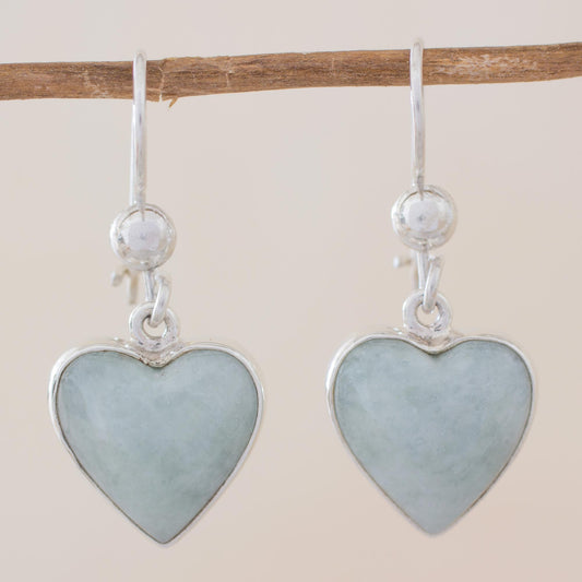 Innocent Heart Sterling Silver Heart Earrings with Light Green Jade