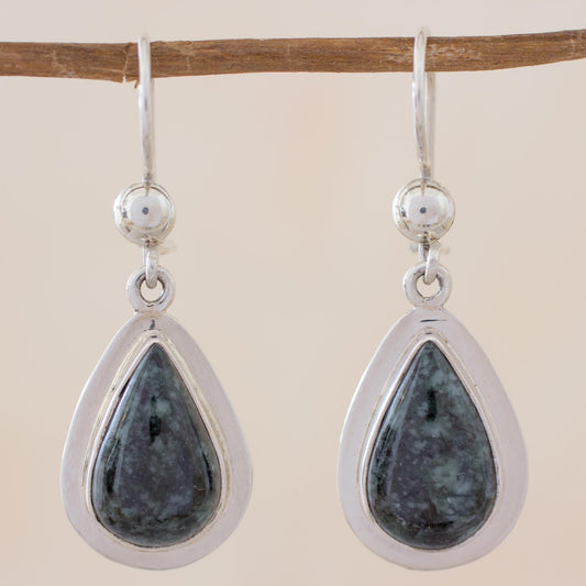 Dark Green Halo Polished Sterling Earrings with Dark Green Maya Jade